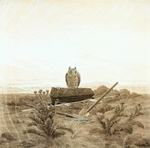 landscape with grave coffin and owl